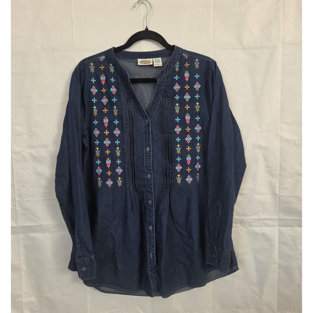 Boho Embroidered Chambray Style Shirt 100% Cotton Western Folk Top Women' Sz L